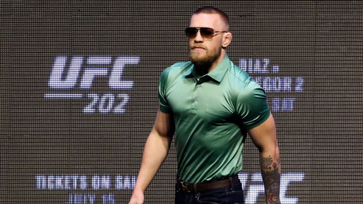 LAS VEGAS, NV - JULY 07: Conor McGregor walks to the stage for the UFC 202 press conference at the T-Mobile Arena on July 7, 2016 in Las Vegas, Nevada. (Photo by Ed Mulholland/Zuffa LLC/Zuffa LLC via Getty Images)