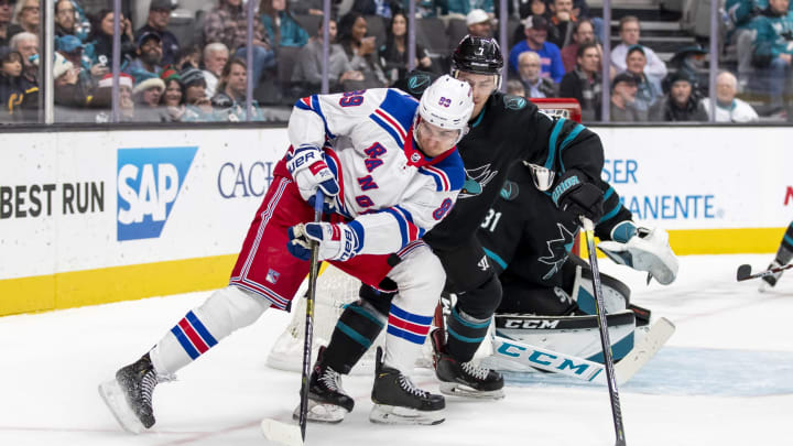 SAN JOSE, CA – DECEMBER 12: New York Rangers Right Wing Pavel Buchnevich (89) collects the puck during the NHL hockey game between the New York Rangers and San Jose Sharks on December, 12, 2019 at the SAP Center in San Jose, CA. (Photo by Bob Kupbens/Icon Sportswire via Getty Images)