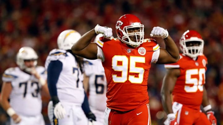 KANSAS CITY, MO - DECEMBER 16: Defensive end Chris Jones #95 of the Kansas City Chiefs reacts after sacking quarterback Philip Rivers #17 of the Los Angeles Chargers during the game at Arrowhead Stadium on December 16, 2017 in Kansas City, Missouri. (Photo by Jamie Squire/Getty Images)