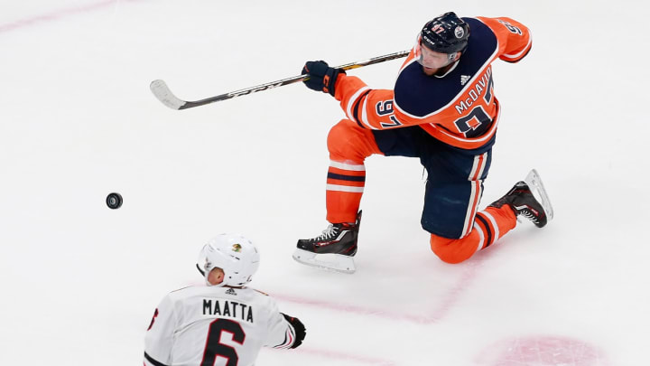 EDMONTON, ALBERTA – AUGUST 03: Connor McDavid #97 of the Edmonton Oilers shoots the puck in Game Two of the Western Conference Qualification Round against the Chicago Blackhawks prior to the 2020 NHL Stanley Cup Playoffs at Rogers Place on August 03, 2020 in Edmonton, Alberta. (Photo by Jeff Vinnick/Getty Images)