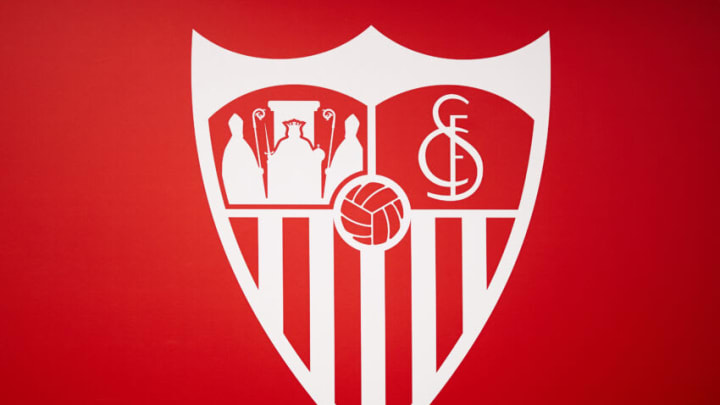 SEVILLE, SPAIN - JANUARY 26: Sevilla FC logo is seen during Anthony Martial presentaton as new Sevilla FC player at Estadio Ramon Sanchez Pizjuan on January 26, 2022 in Seville, Spain. (Photo by Fran Santiago/Getty Images)