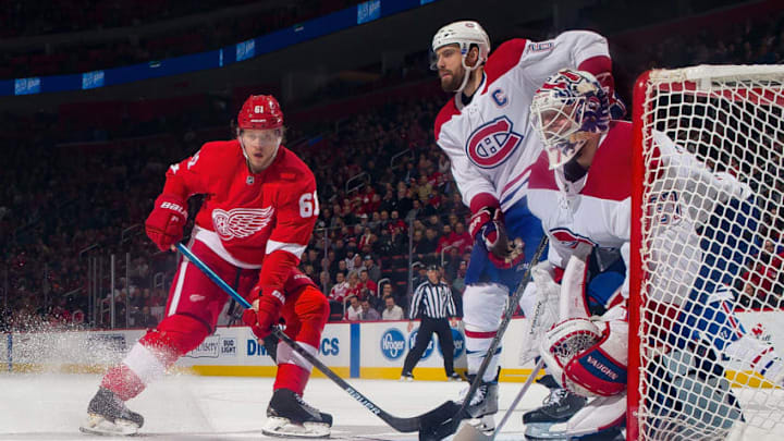 DETROIT, MI - JANUARY 08: Antti Niemi #37 of the Montreal Canadiens follows the play as teammate Shea Weber #6 defends against Jacob de la Rose #61 of the Detroit Red Wings during an NHL game at Little Caesars Arena on January 8, 2019 in Detroit, Michigan. The Canadiens defeated the Red Wings 3-2. (Photo by Dave Reginek/NHLI via Getty Images)