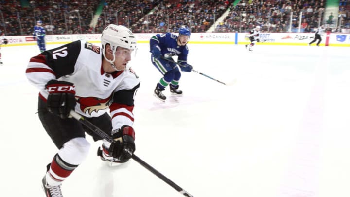 VANCOUVER, BC – MARCH 7: Laurent Dauphin #12 of the Arizona Coyotes skates up ice during their NHL game against the Vancouver Canucks at Rogers Arena March 7, 2018 in Vancouver, British Columbia, Canada. (Photo by Jeff Vinnick/NHLI via Getty Images)”n