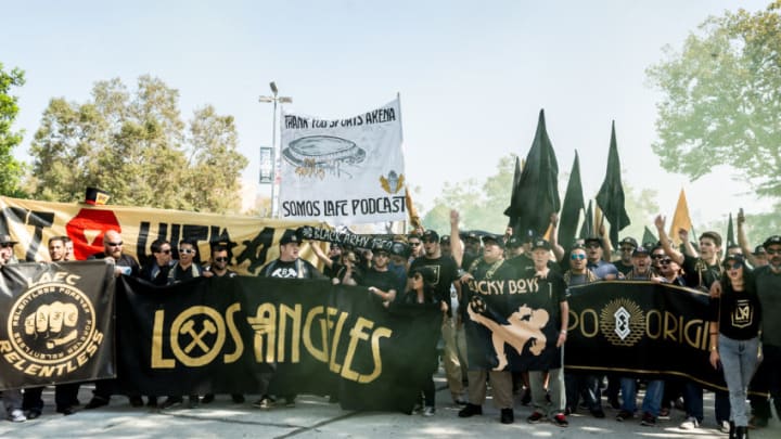 LOS ANGELES, CA - AUGUST 23: General Atmosphere shot of LAFC fans at the Los Angeles Football Club Stadium Groundbreaking Ceremony on August 23, 2016 in Los Angeles, California. (Photo by Greg Doherty/WireImage)