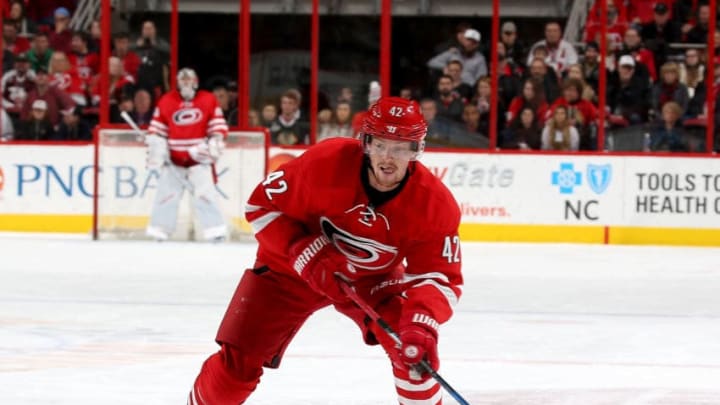 RALEIGH, NC - DECEMBER 30: Joakim Nordstrom #42 of the Carolina Hurricanes controls the puck on the ice during an NHL game against the Chicago Blackhawks on December 30, 2016 at PNC Arena in Raleigh, North Carolina. (Photo by Gregg Forwerck/NHLI via Getty Images)
