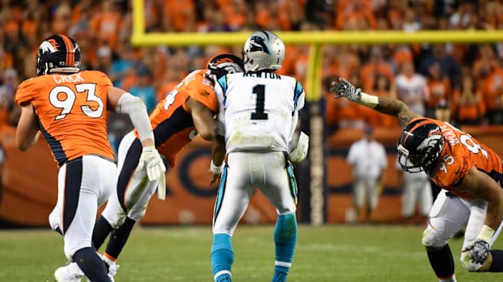 DENVER, CO - SEPTEMBER 08: Brandon Marshall (54) of the Denver Broncos lines up Cam Newton (1) of the Carolina Panthers after he dumps pass to Jonathan Stewart (28) during the third quarter. The Denver Broncos hosted the Carolina Panthers on Thursday, September 8, 2016. (Photo by Joe Amon/The Denver Post via Getty Images)
