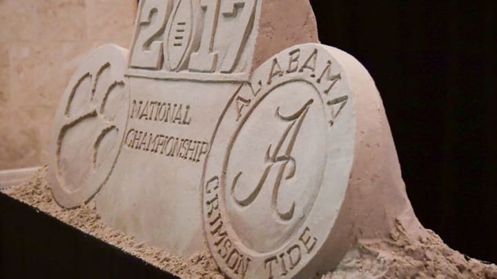 Jan 7, 2017; Tampa, FL, USA; View of a sand sculpture depicting Clemson Tigers and Alabama Crimson Tide logos at the Tampa Marriott Waterside Hotel. Mandatory Credit: Shanna Lockwood-USA TODAY Sports