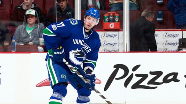 VANCOUVER, BC - JANUARY 4: Anton Rodin #17 of the Vancouver Canucks skates up ice with the puck during their NHL game against the Arizona Coyotes at Rogers Arena January 4, 2017 in Vancouver, British Columbia, Canada. (Photo by Jeff Vinnick/NHLI via Getty Images)