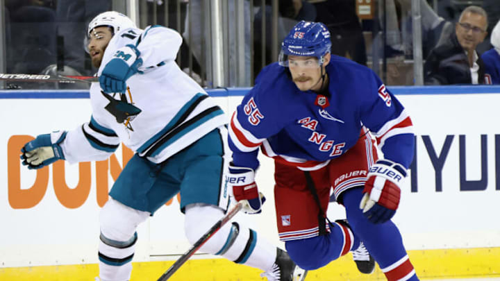 NEW YORK, NEW YORK - OCTOBER 20: Ryan Lindgren #55 of the New York Rangers skates against the San Jose Sharks at Madison Square Garden on October 20, 2022 in New York City. The Sharks defeated the Rangers 3-2 in overtime. (Photo by Bruce Bennett/Getty Images)