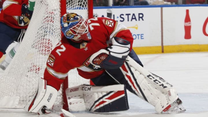 SUNRISE, FL - JANUARY 9: Goaltender Sergei Bobrovsky #72 of the Florida Panthers defends the net against the Vancouver Canucks during the second period at the BB&T Center on January 9, 2020 in Sunrise, Florida. (Photo by Joel Auerbach/Getty Images)