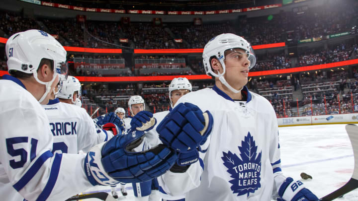 OTTAWA, ON – OCTOBER 12: Playing in his NHL debut, Auston Matthews #34  (Photo by Andre Ringuette/NHLI via Getty Images)
