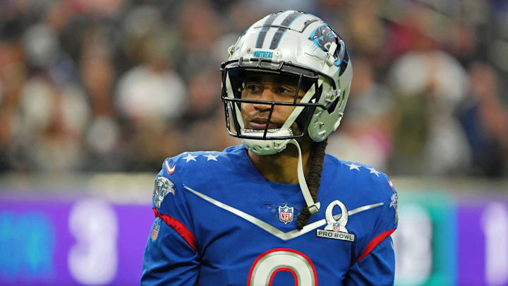 Feb 6, 2022; Paradise, Nevada, USA; NFC cornerback Stephon Gilmore of the Carolina Panthers (9) looks on against the AFC during the third quarter during the Pro Bowl football game at Allegiant Stadium. Mandatory Credit: Kirby Lee-USA TODAY Sports