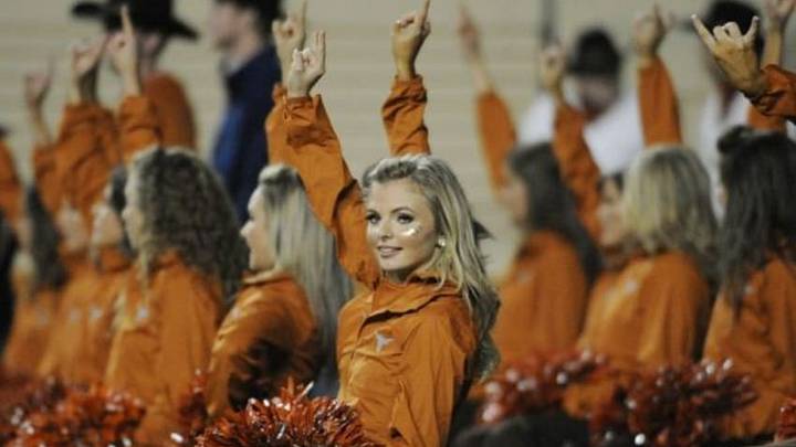 Nov 27, 2014; Austin, TX, USA; Texas Longhorns cheerleaders perform during the game against the TCU Horned Frogs at Darrell K Royal-Texas Memorial Stadium. Mandatory Credit: Brendan Maloney-USA TODAY Sports Nov 27, 2014; Austin, TX, USA; Texas Longhorns cheerleaders perform during the game against the TCU Horned Frogs at Darrell K Royal-Texas Memorial Stadium. Mandatory Credit: Brendan Maloney-USA TODAY Sports