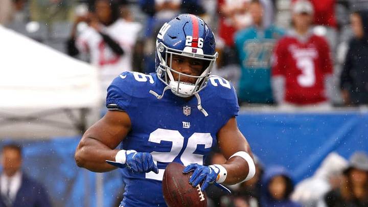 EAST RUTHERFORD, NJ - SEPTEMBER 09: Saquon Barkley #26 of the New York Giants warms up before the game against the Jacksonville Jaguars at MetLife Stadium on September 9, 2018 in East Rutherford, New Jersey. (Photo by Jeff Zelevansky/Getty Images)