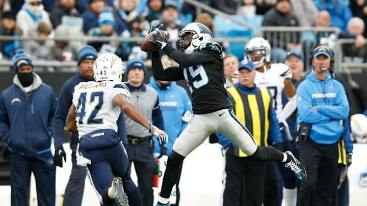 Dec 11, 2016; Charlotte, NC, USA; Carolina Panthers wide receiver Ted Ginn (19) catches a pass in the second quarter against San Diego Chargers cornerback Trevor Williams (42) during the second quarter at Bank of America Stadium. Mandatory Credit: Jeremy Brevard-USA TODAY Sports