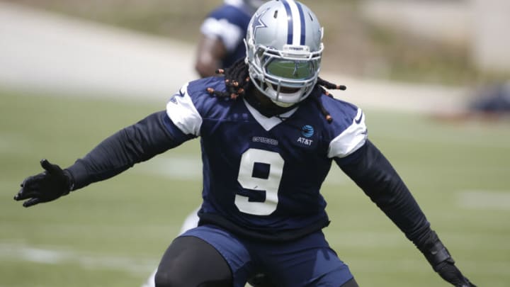 Jun 3, 2021; Frisco, TX, USA; Dallas Cowboys middle linebacker Jaylon Smith (9) goes through drills during voluntary Organized Team Activities at the Star Training Facility in Frisco, Texas. Mandatory Credit: Tim Heitman-USA TODAY Sports