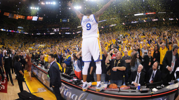 OAKLAND, CA - JUNE 12: Andre Iguodala #9 of the Golden State Warriors celebrates winning the NBA Championship in Game Five against the Cleveland Cavaliers of the 2017 NBA Finals on June 12, 2017 at Oracle Arena in Oakland, California. NOTE TO USER: User expressly acknowledges and agrees that, by downloading and or using this photograph, user is consenting to the terms and conditions of Getty Images License Agreement. Mandatory Copyright Notice: Copyright 2017 NBAE (Photo by: Noah Graham/NBAE via Getty Images)OAKLAND, CA - JUNE 12: after winning the NBA Championship in Game Five against the Cleveland Cavaliers of the 2017 NBA Finals on June 12, 2017 at Oracle Arena in Oakland, California. NOTE TO USER: User expressly acknowledges and agrees that, by downloading and or using this photograph, user is consenting to the terms and conditions of Getty Images License Agreement. Mandatory Copyright Notice: Copyright 2017 NBAE (Photo by: Noah Graham/NBAE via Getty Images)