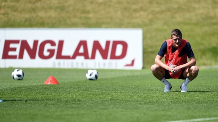 BURTON-UPON-TRENT, ENGLAND - MAY 22: Jamie Vardy of England looks on during an England training session at St Georges Park on May 22, 2018 in Burton-upon-Trent, England. (Photo by Nathan Stirk/Getty Images)