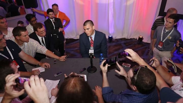 Jul 14, 2016; Hoover, AL, USA; Mississippi player Chad Kelly speaks to media during SEC media day at Hyatt Regency Birmingham-The Wynfrey Hotel. Mandatory Credit: Butch Dill-USA TODAY Sports
