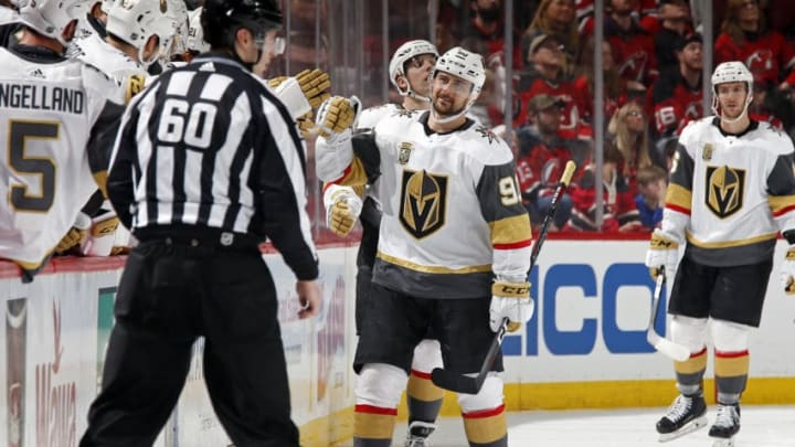 NEWARK, NJ - MARCH 4: Tomas Tatar #90 of the Vegas Golden Knights celebrates scoring a goal against the New Jersey Devils during the second period at the Prudential Center on March 4, 2018 in Newark, New Jersey. (Photo by Adam Hunger/Getty Images)