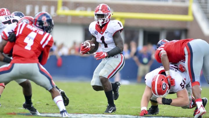 Sep 24, 2016; Oxford, MS, USA; Georgia Bulldogs running back Sony Michel (1) runs the ball during the third quarter of the game against the Mississippi Rebels at Vaught-Hemingway Stadium. Mississippi won 45-14. Mandatory Credit: Matt Bush-USA TODAY Sports