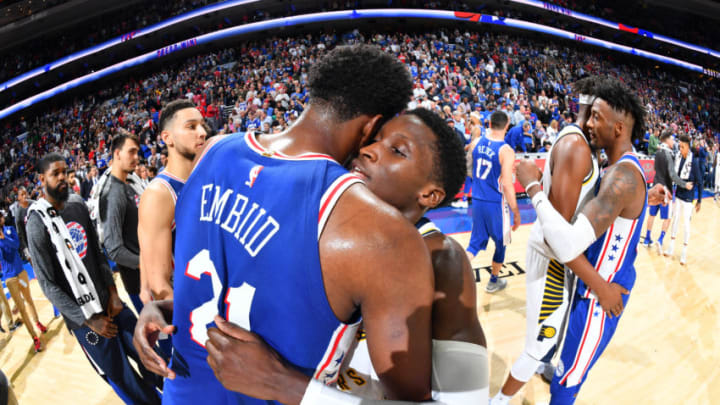PHILADELPHIA, PA - NOVEMBER 3: Joel Embiid #21 of the Philadelphia 76ers and Victor Oladipo #4 of the Indiana Pacers after the game on November 3, 2017 at Wells Fargo Center in Philadelphia, Pennsylvania.(Photo by Jesse D. Garrabrant/NBAE via Getty Images)