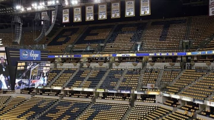 Mar 26, 2014; Indianapolis, IN, USA; A general view of a message in the seats spelling out "beat the heat" before the game between the Indiana Pacers and Miami Heat at Bankers Life Fieldhouse. Mandatory Credit: Pat Lovell-USA TODAY Sports