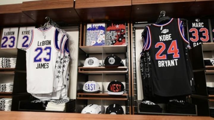 Feb 12, 2015; New York, NY, USA; Lebron James and Kobe Bryant jeseys in the NBA All-Star store in Madison Square Garden. Mandatory Credit: Bob Donnan-USA TODAY Sports