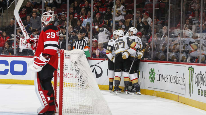 NEWARK, NJ – DECEMBER 3: The Vegas Golden Knights celebrate Chandler Stephenson’s second period goal as Mackenzie Blackwood #29 of the New Jersey Devils looks on during the game at the Prudential Center on December 3, 2019 in Newark, New Jersey. (Photo by Andy Marlin/NHLI via Getty Images)
