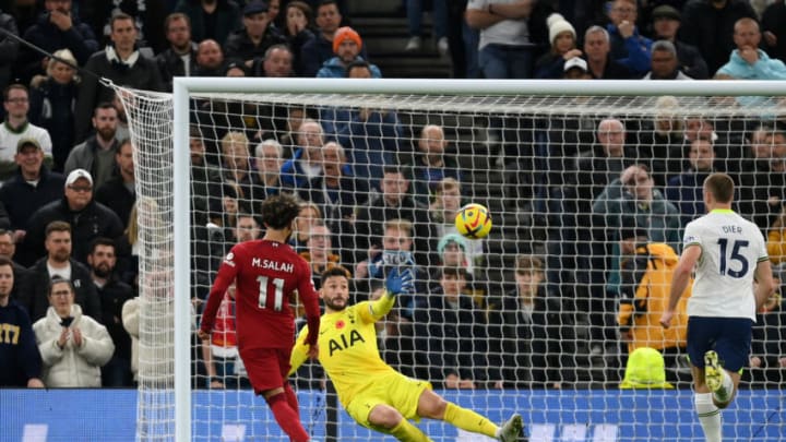LONDON, ENGLAND - NOVEMBER 06: Mohamed Salah of Liverpool scores their team's second goal past Hugo Lloris of Tottenham Hotspur during the Premier League match between Tottenham Hotspur and Liverpool FC at Tottenham Hotspur Stadium on November 06, 2022 in London, England. (Photo by Mike Hewitt/Getty Images)