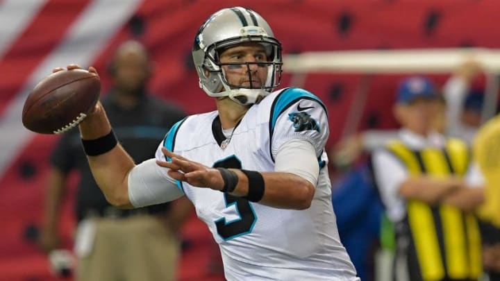Oct 2, 2016; Atlanta, GA, USA; Carolina Panthers quarterback Derek Anderson (3) passes against the Atlanta Falcons during the second half at the Georgia Dome. The Falcons defeated the Panthers 48-33. Mandatory Credit: Dale Zanine-USA TODAY Sports