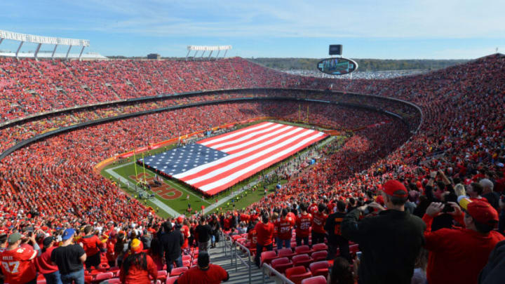 Nov 6, 2016; Kansas City, MO, USA; A field sized American flag is displayed on field as a salute the the Armed Services before the game between the Kansas City Chiefs and Jacksonville Jaguars at Arrowhead Stadium. Mandatory Credit: Denny Medley-USA TODAY Sports
