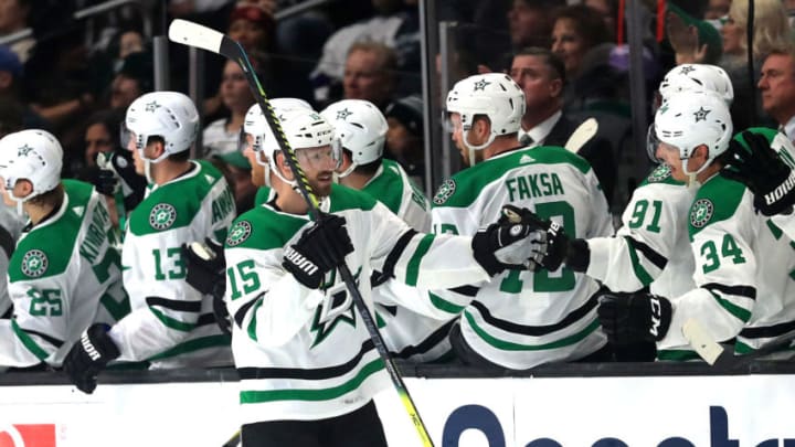 LOS ANGELES, CALIFORNIA - JANUARY 08: Blake Comeau #15 of the Dallas Stars is congratulated at the bench after scoring a goal during the second period of a game against the Los Angeles Kings at Staples Center on January 08, 2020 in Los Angeles, California. (Photo by Sean M. Haffey/Getty Images)