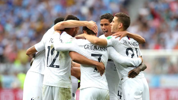 NIZHNY NOVGOROD, RUSSIA - JULY 06: France celebrate their side's second goal, scored by Antoine Griezmann during the 2018 FIFA World Cup Russia Quarter Final match between Uruguay and France at Nizhny Novgorod Stadium on July 6, 2018 in Nizhny Novgorod, Russia. (Photo by Alexander Hassenstein/Getty Images)