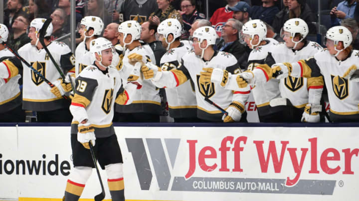 COLUMBUS, OH - NOVEMBER 5: Reilly Smith #19 of the Vegas Golden Knights high-fives his teammates after scoring a goal during the first period of a game against the Columbus Blue Jackets on November 5, 2019 at Nationwide Arena in Columbus, Ohio. (Photo by Jamie Sabau/NHLI via Getty Images)