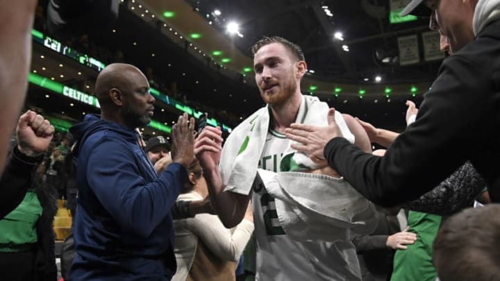 BOSTON, MA - JANUARY 02: Gordon Hayward #20 of the Boston Celtics high gives fans after the game against the Minnesota Timberwolves on January 02, 2019 at the TD Garden in Boston, Massachusetts. NOTE TO USER: User expressly acknowledges and agrees that, by downloading and or using this photograph, User is consenting to the terms and conditions of the Getty Images License Agreement. Mandatory Copyright Notice: Copyright 2019 NBAE (Photo by Brian Babineau/NBAE via Getty Images)