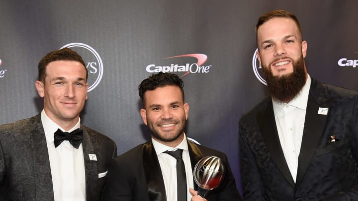 LOS ANGELES, CA – JULY 18: (L-R) MLB players Alex Bregman, Jose Altuve and Dallas Keuchel of the Houston Astros  (Photo by Kevin Mazur/Getty Images)