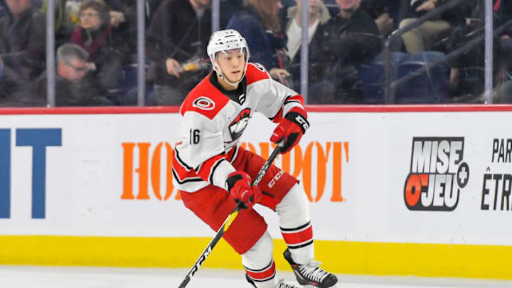 LAVAL, QC, CANADA - DECEMBER 28: Cliff Pu #16 of the Charlotte Checkers skating up the ice in control of the puck against the Laval Rocket at Place Bell on December 28, 2018 in Laval, Quebec. (Photo by Stephane Dube /Getty Images)