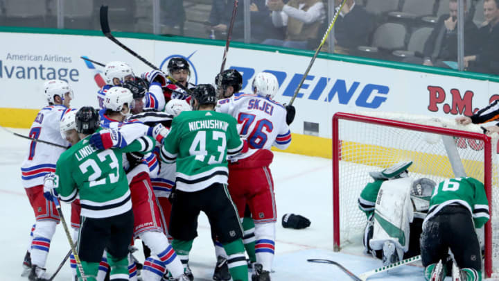 DALLAS, TEXAS - MARCH 05: Roman Polak #45 of the Dallas Stars and Esa Lindell #23 of the Dallas Stars fight against Filip Chytil #72 of the New York Rangers, Pavel Buchnevich #89 of the New York Rangers and Chris Kreider #20 of the New York Rangers in the third period at American Airlines Center on March 05, 2019 in Dallas, Texas. (Photo by Tom Pennington/Getty Images)