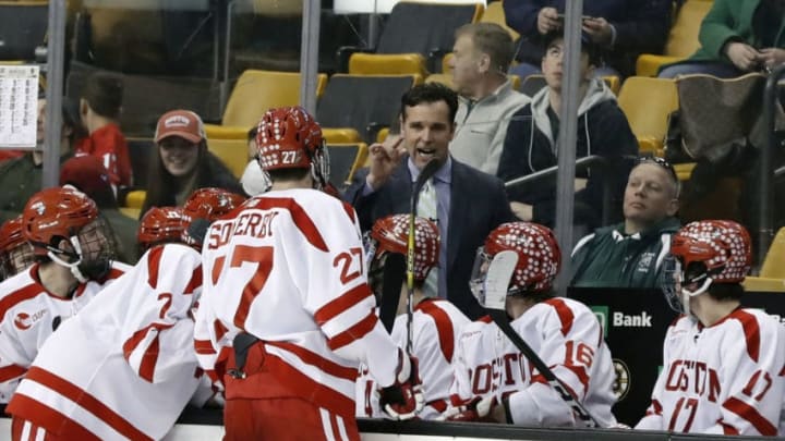 BOSTON, MA - MARCH 17: Boston University Terriers head coach David Quinn lectures his players during a time out during a Hockey East semifinal between the Boston University Terriers and the Boston College Eagles on March 17, 2017 at TD Garden in Boston, Massachusetts. The Eagles defeated the Terriers 3-2. (Photo by Fred Kfoury III/Icon Sportswire via Getty Images)