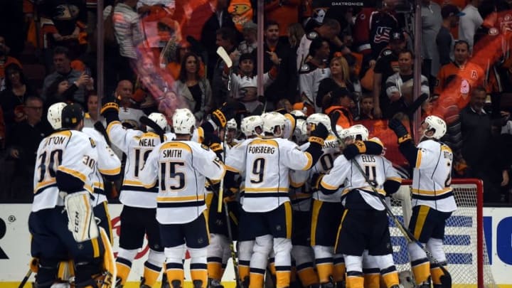 Apr 27, 2016; Anaheim, CA, USA; Nashville Predators players celebrate after game seven of the first round of the 2016 Stanley Cup Playoffs against the Anaheim Ducks at Honda Center. The Predators defeated the Ducks 2-1 to win the series 4-3. Mandatory Credit: Kirby Lee-USA TODAY Sports