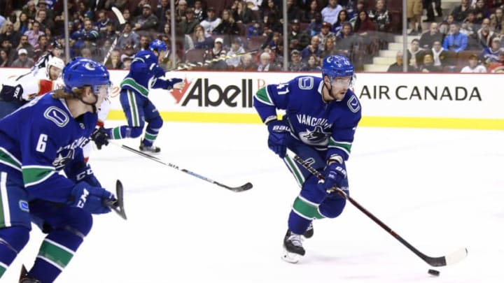 VANCOUVER, BC - FEBRUARY 14: Sven Baertschi #47 of the Vancouver Canucks skates up ice during their NHL game against the Florida Panthers at Rogers Arena February 14, 2018 in Vancouver, British Columbia, Canada. (Photo by Jeff Vinnick/NHLI via Getty Images)"n