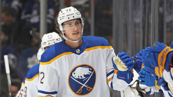 TORONTO, ON - APRIL 12: Tage Thompson #72 of the Buffalo Sabres celebrates a goal against the Toronto Maple Leafs during an NHL game at Scotiabank Arena on April 12, 2022 in Toronto, Ontario, Canada. The Sabres defeated the Maple Leafs 5-2. (Photo by Claus Andersen/Getty Images)
