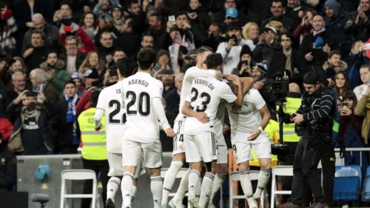 Real Madrid's players celebrate goal during La Liga match between Real Madrid and Valencia CF at Santiago Bernabeu Stadium in Madrid, Spain. December 01, 2018. (Photo by A. Ware/NurPhoto via Getty Images)