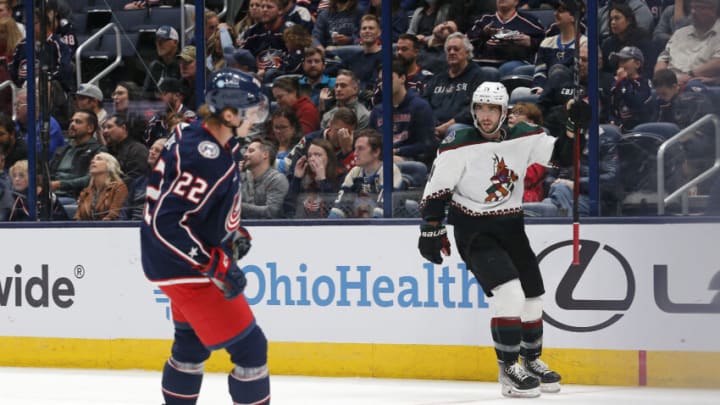 Oct 25, 2022; Columbus, Ohio, USA; Arizona Coyotes defenseman Shayne Gostisbehere (14) celebrates a goal against the Columbus Blue Jackets during the second period at Nationwide Arena. Mandatory Credit: Russell LaBounty-USA TODAY Sports