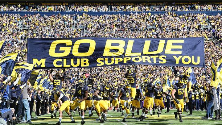 ANN ARBOR, MI - OCTOBER 10: The Michigan Wolverines enter the field prior to the start of the game against the Northwestern Wildcats on October 10, 2015 at Michigan Stadium in Ann Arbor, Michigan. The Wolverines defeated the Wildcats 38-0. (Photo by Leon Halip/Getty Images)