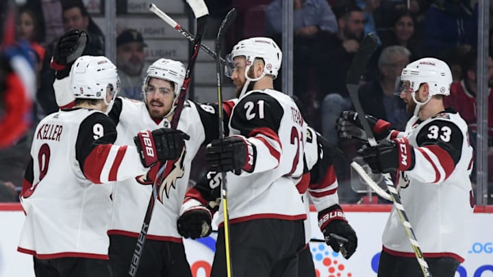 MONTREAL, QC - JANUARY 23: Conor Garland #83 of the Arizona Coyotes celebrates with teammates after scoring a goal against the Montreal Canadiens in the NHL game at the Bell Centre on January 23, 2019 in Montreal, Quebec, Canada. (Photo by Francois Lacasse/NHLI via Getty Images)