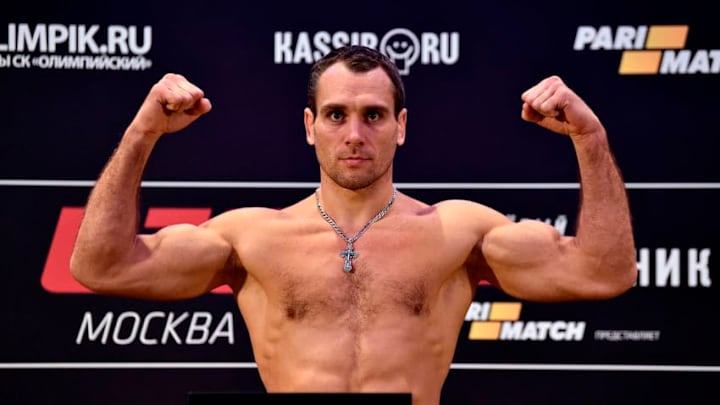 MOSCOW, RUSSIA - SEPTEMBER 14: Alexey Kunchenko of Russia poses on the scale during the UFC Fight Night weigh-in event at Hyatt Regency Moscow Petrovsky Park on September 14, 2018 in Moscow, Russia. (Photo by Jeff Bottari/Zuffa LLC/Zuffa LLC via Getty Images)
