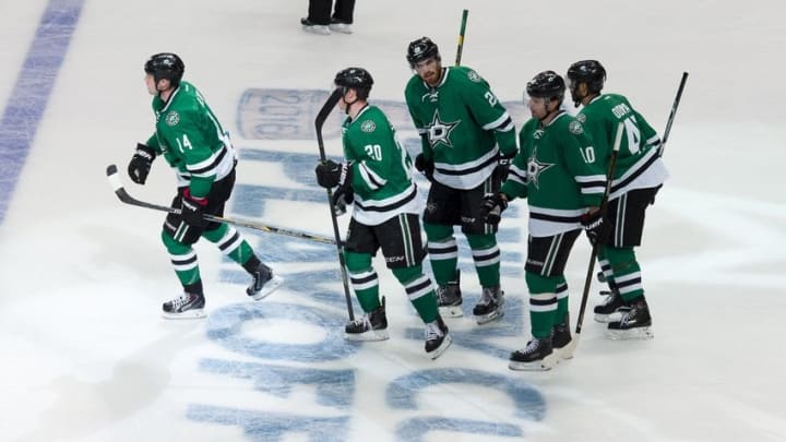 Apr 14, 2016; Dallas, TX, USA; The Dallas Stars skate off the ice after scoring against the Minnesota Wild during the third period in game one of the first round of the 2016 Stanley Cup Playoffs at American Airlines Center. The Stars shut out the Wild 4-0. Mandatory Credit: Jerome Miron-USA TODAY Sports