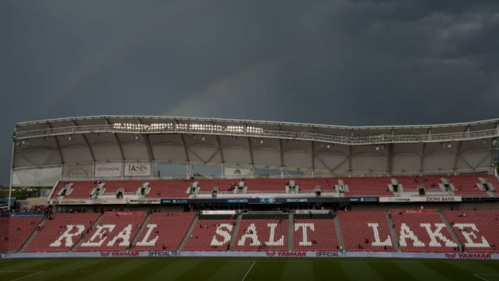 SANDY UT- JULY 17: Pregame activities before the International friendly game between Manchester United and Real Salt Lake were delayed due to inclement weather, which featured a double rainbow, at Rio Tinto Stadium on July 17, 2017 in Sandy, Utah. (Photo by Gene Sweeney Jr/Getty Images)